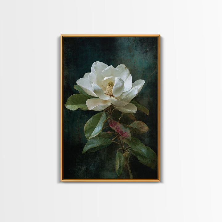 Dramatic White Magnolia on Dark Background Canvas Print, Botanical Art, Oil Painting, Living Room Decor, Fine Art, Botanic, BOT-2x3-86