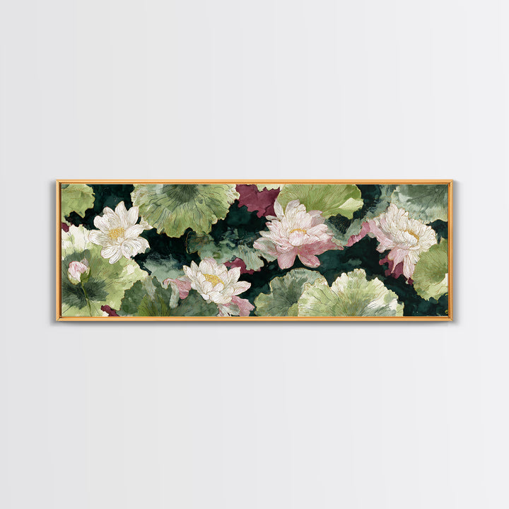 Lotus Flower and Lily Pads on Still Canvas Print, Botanical Art, Minimalist Decor, Living Room Decor, Oil Painting, Botanic, BOT-3x1-35
