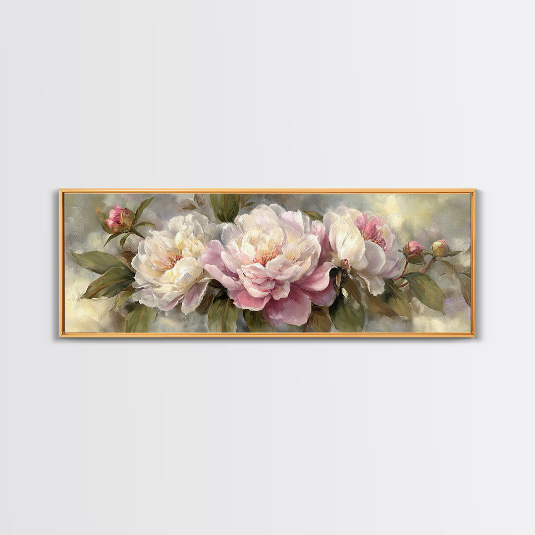 Peony Bloom with Layered Romantic Petals Framed Canvas Print, Botanical Art, Living Room Decor, Botanic, Fine Art Print, BOT-3x1-74