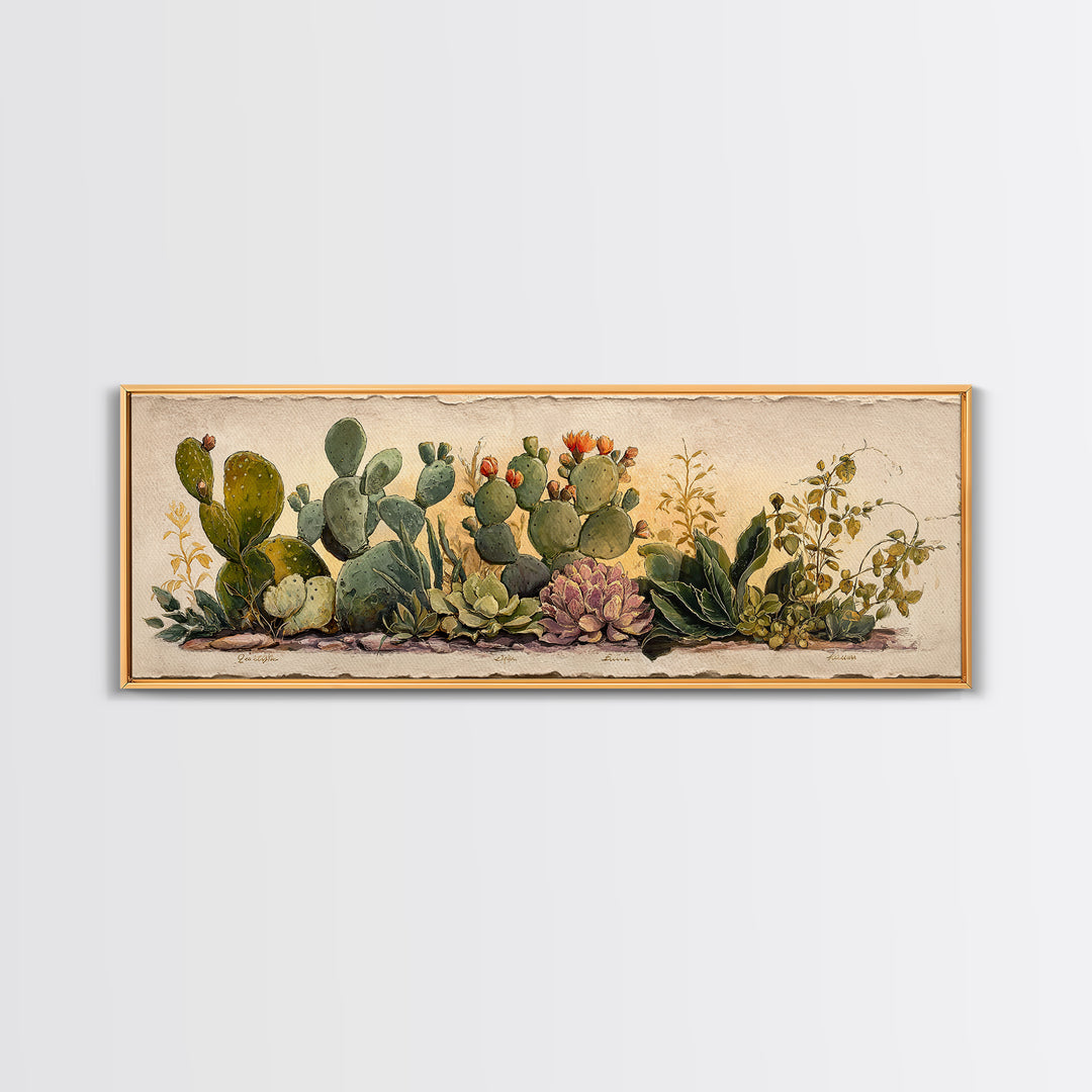 Cactus Botanical Plate Framed Canvas Print, Botanical Art, Sage Green Wall Art, Living Room Decor, Oil Painting, Botanic, BOT-3x1-77