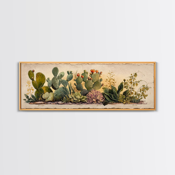 Cactus Botanical Plate Framed Canvas Print, Botanical Art, Sage Green Wall Art, Living Room Decor, Oil Painting, Botanic, BOT-3x1-77