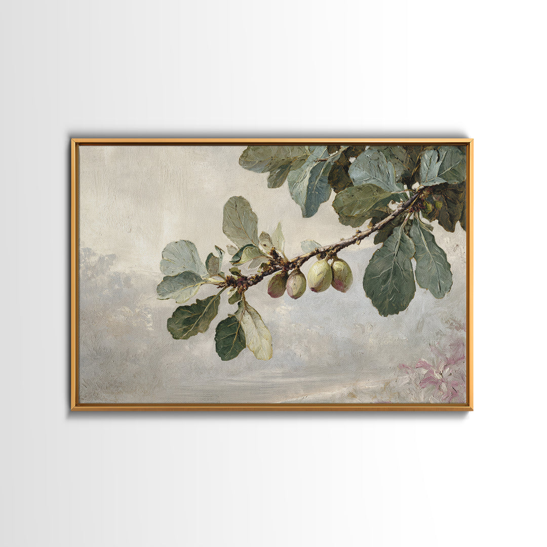 Fig Branch with Fruit and Broad Leaves Framed Canvas Print, Botanical Art, Statement Artwork, Living Room Decor, Botanic, BOT-3x2-19