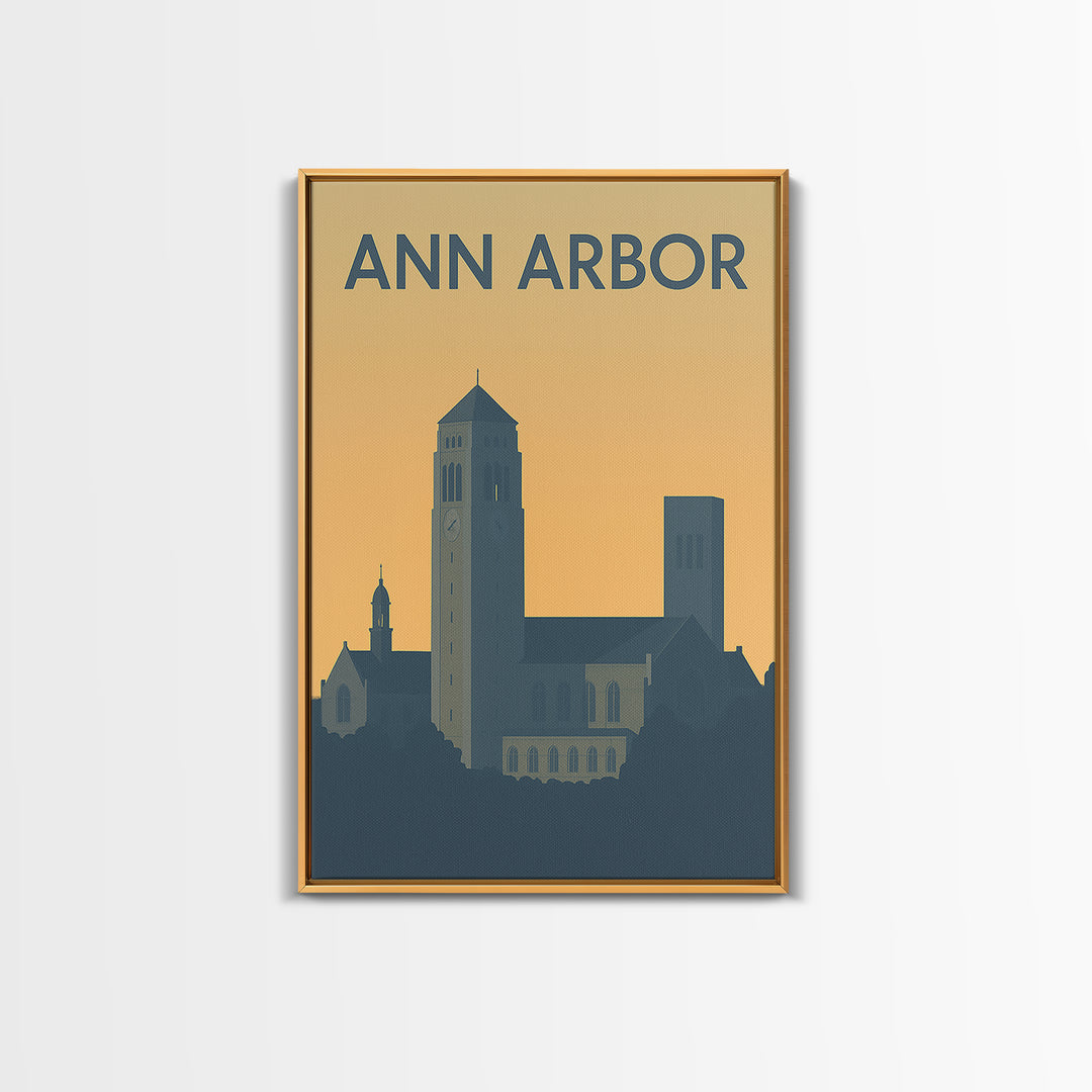 Ann Arbor Travel Poster, Framed Canvas Print, Sunset Skyline Wall Art, Ann Arbor Wall Art, Travel Wall Art, City Illustration, Wall Art