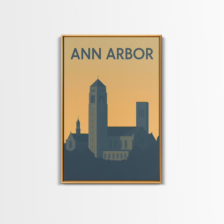 Ann Arbor Travel Poster, Framed Canvas Print, Sunset Skyline Wall Art, Ann Arbor Wall Art, Travel Wall Art, City Illustration, Wall Art