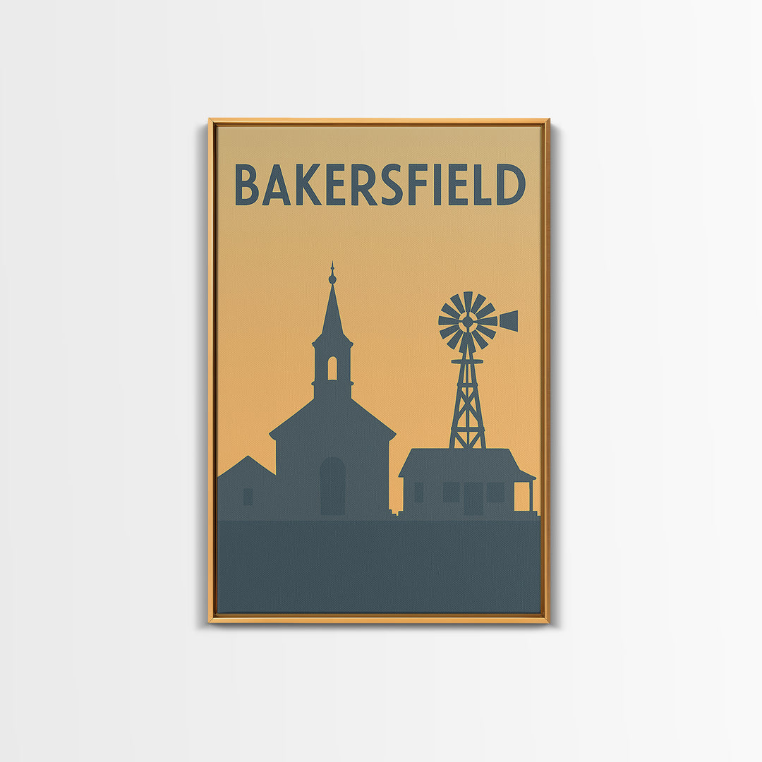 Bakersfield Travel Poster, Framed Canvas Print, Sunset Skyline Wall Art, Bakersfield Wall Art, Wanderlust Decor, Travel Wall Decor