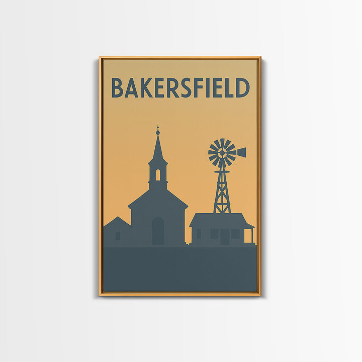Bakersfield Travel Poster, Framed Canvas Print, Sunset Skyline Wall Art, Bakersfield Wall Art, Wanderlust Decor, Travel Wall Decor