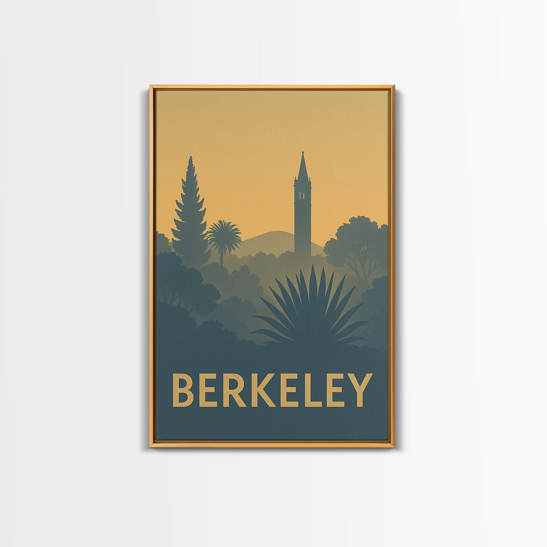 Berkeley Travel Poster, Framed Canvas Print, Sunset Skyline Wall Art, Berkeley City Art, Mid Century Wall Art, Vintage City Poster
