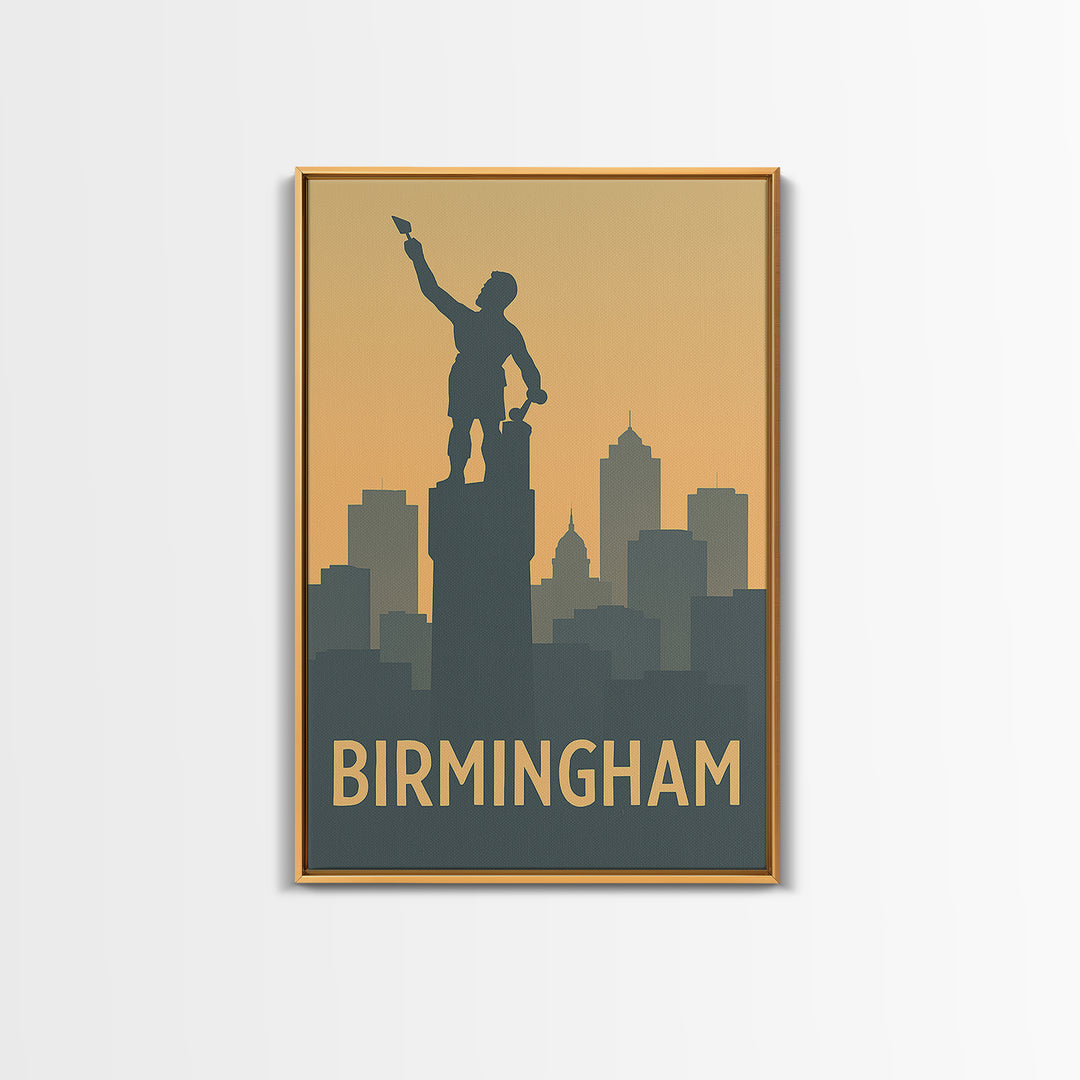 Birmingham Travel Poster, Framed Canvas Print, Sunset Skyline Wall Art, Birmingham Poster Print, City Art Print, Vintage City Art