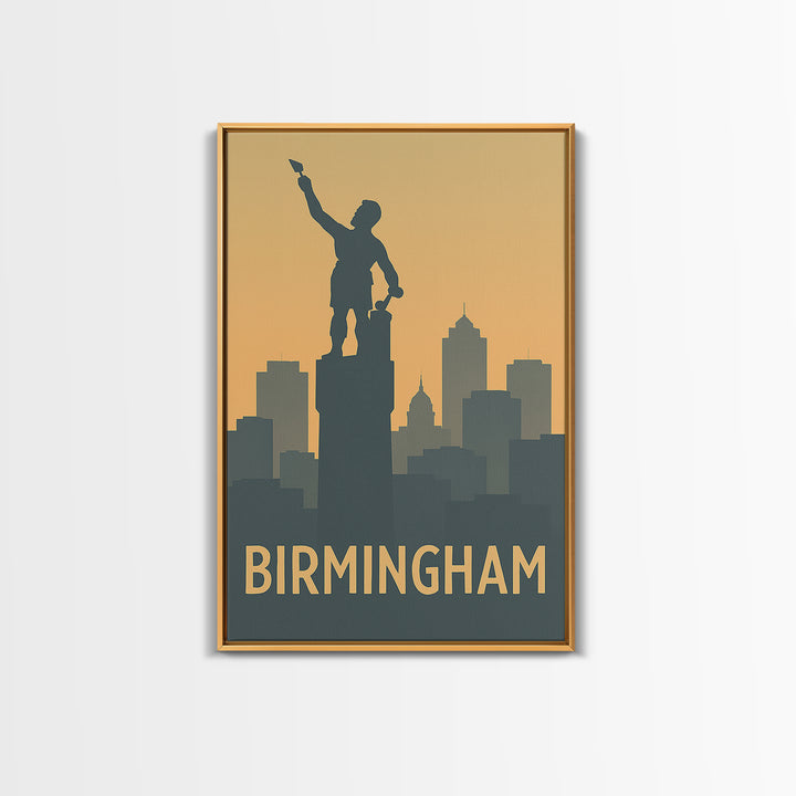 Birmingham Travel Poster, Framed Canvas Print, Sunset Skyline Wall Art, Birmingham Poster Print, City Art Print, Vintage City Art