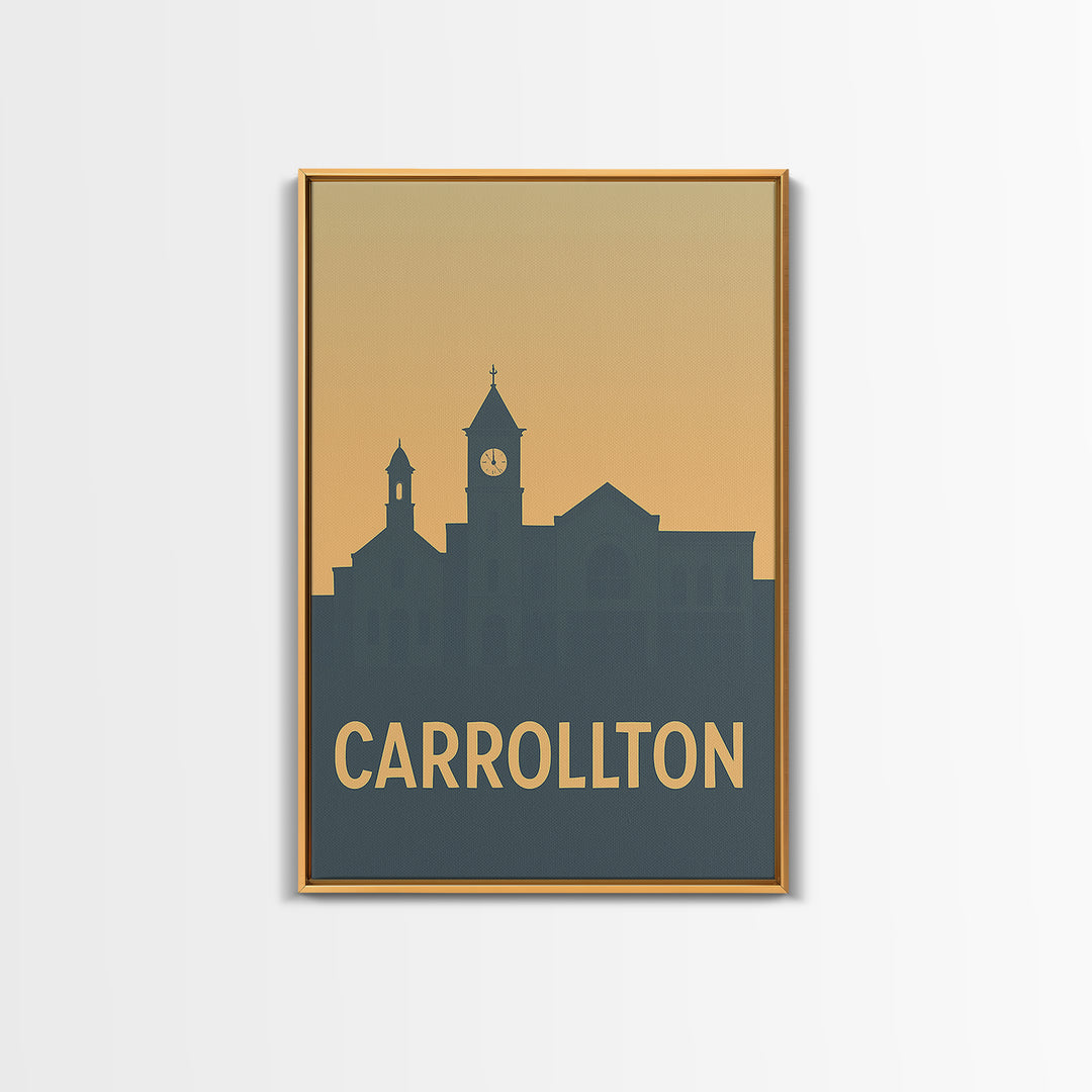 Carrollton Texas Travel Poster, Framed Canvas Print, Mid Century Travel Art, Carrollton Poster Print, City Travel Prints, Home Office Decor