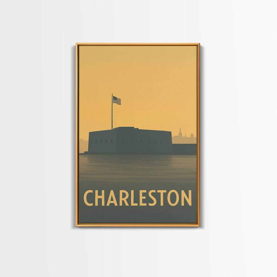 Charleston Travel Poster, Framed Canvas Print, Sunset Skyline Wall Art, Charleston City Art, Home Office Decor, Wanderlust Decor
