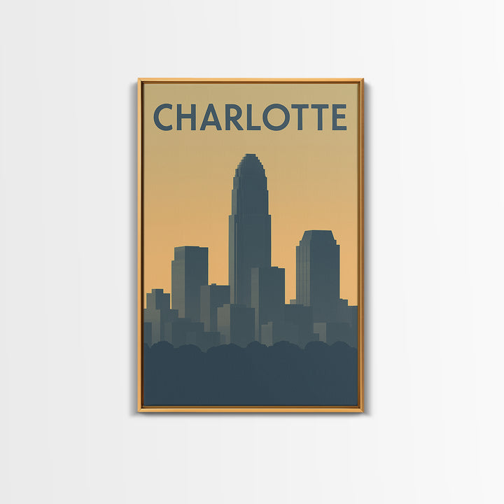 Charlotte North Carolina Travel Poster, Canvas Print, Sunset Skyline Wall Art, Charlotte Art Print, Watercolor Urban Skyline, Travel Art