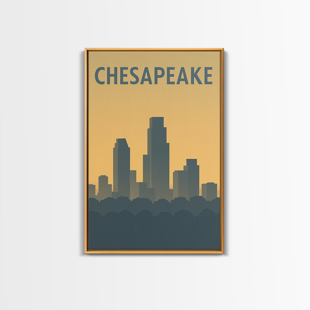 Chesapeake Virginia Travel Poster, Framed Canvas Print, Sunset Skyline Wall Art, Chesapeake Wall Art, Retro Travel Print, Home Office Decor
