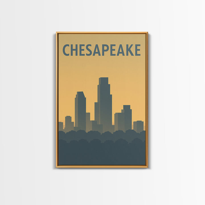 Chesapeake Virginia Travel Poster, Framed Canvas Print, Sunset Skyline Wall Art, Chesapeake Wall Art, Retro Travel Print, Home Office Decor