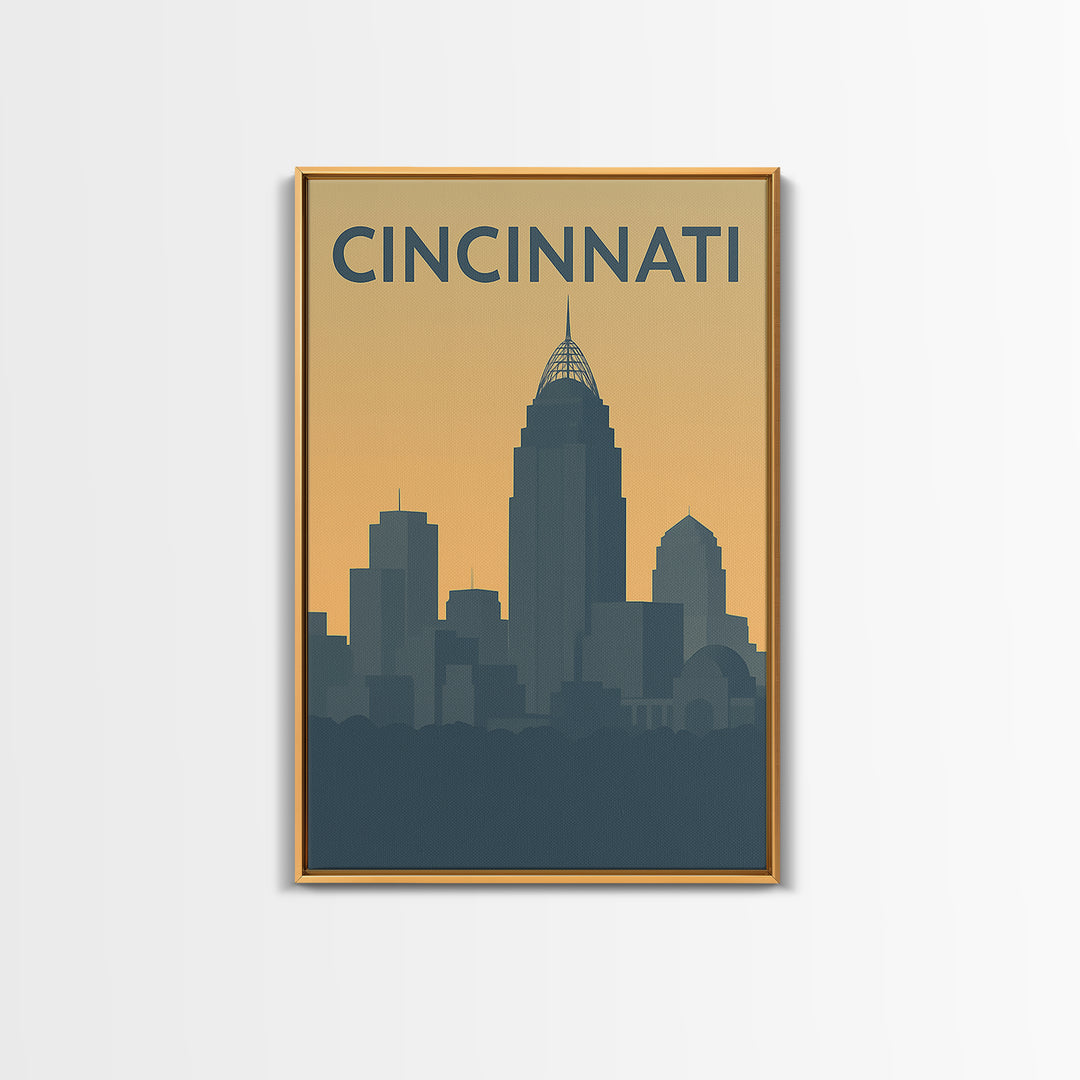 Cincinnati Ohio Travel Poster, Framed Canvas Print, Sunset Skyline Wall Art, Cincinnati Poster Print, Retro Travel Print, Home Office Decor