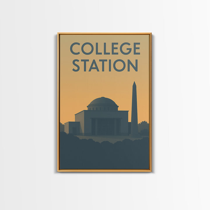 College Station Texas Travel Poster, Canvas Print, Sunset Skyline Wall Art, College Station Wall Art, Travel Art Print, Vintage City Art