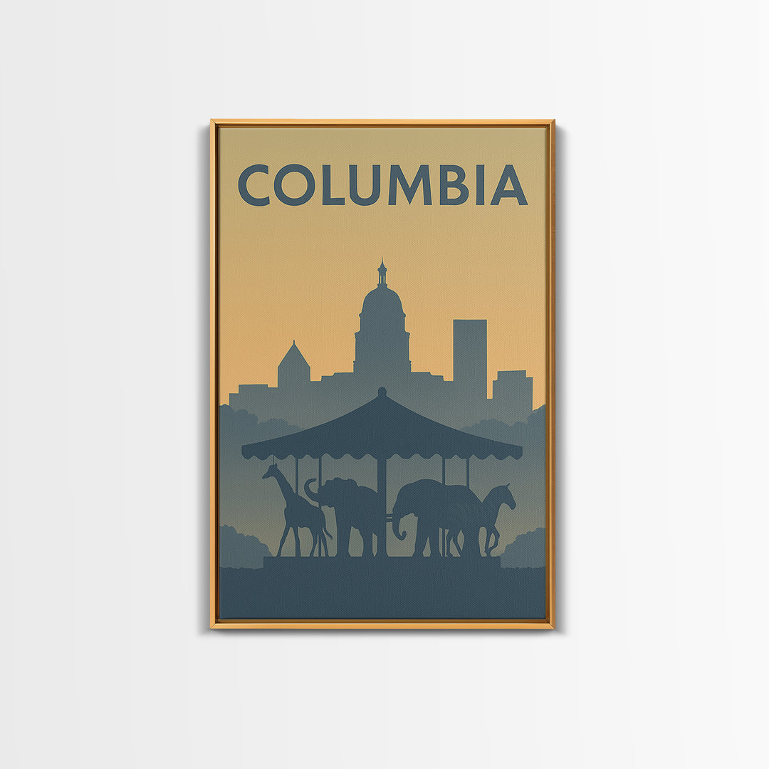Columbia Travel Poster, Framed Canvas Print, Vintage City Poster Art, Columbia Travel Art, Mid Century Wall Art, Retro Travel Print