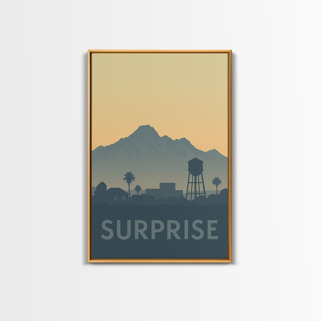 Surprise Travel Poster, Framed Canvas Print, Sunset Skyline Wall Art, Surprise Poster Print, Travel Poster Art, Eclectic Wall Decor
