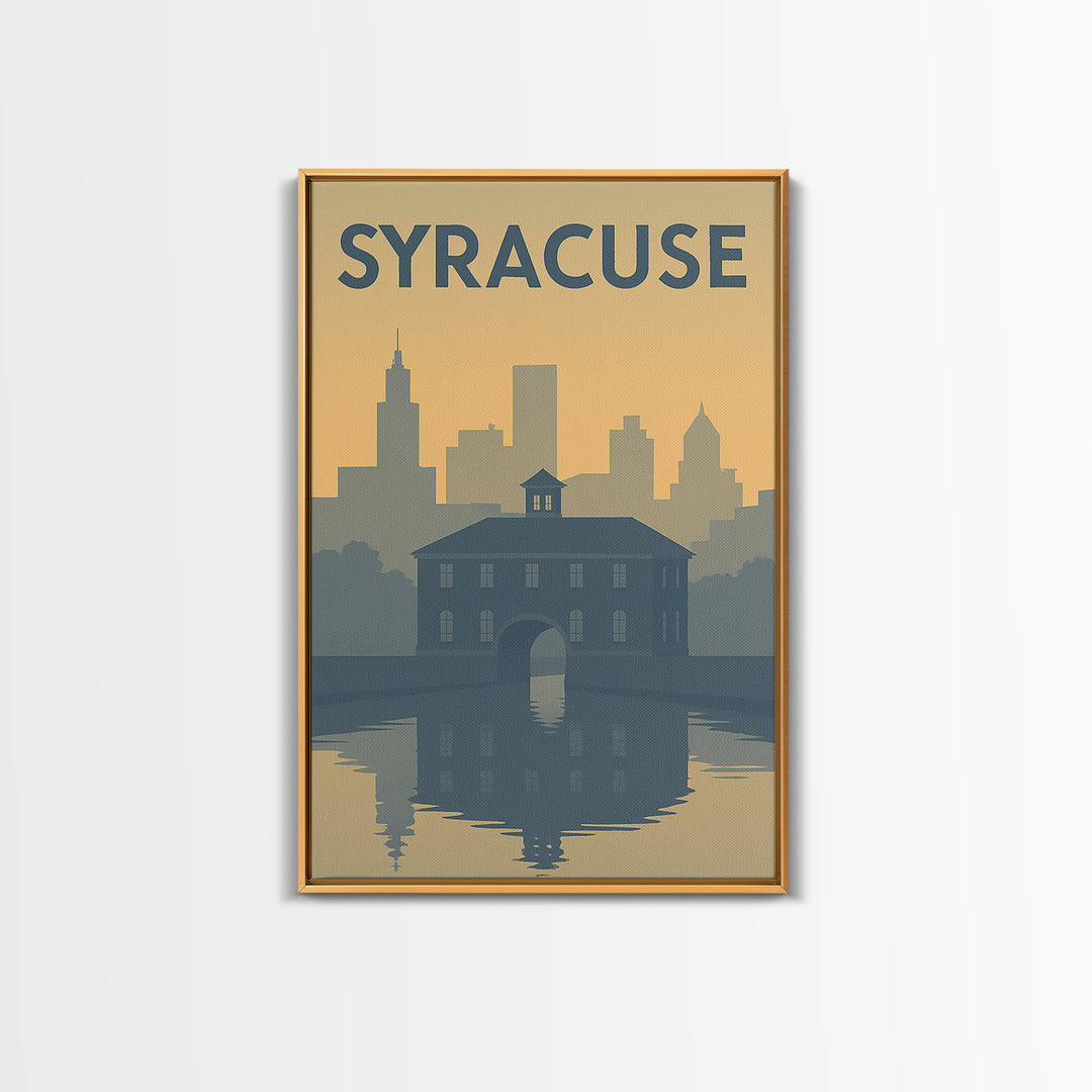 Syracuse New York Travel Poster, Framed Canvas Print, Sunset Skyline Wall Art, Syracuse City Art, Retro Travel Print, Modern Wall Decor