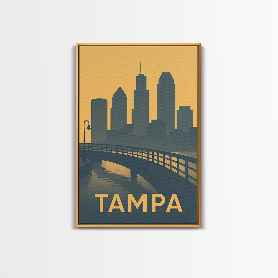 Tampa Florida Travel Poster, Framed Canvas Print, Mid Century Travel Art, Tampa Travel Art, Mid Century Wall Art, Watercolor City Skyline