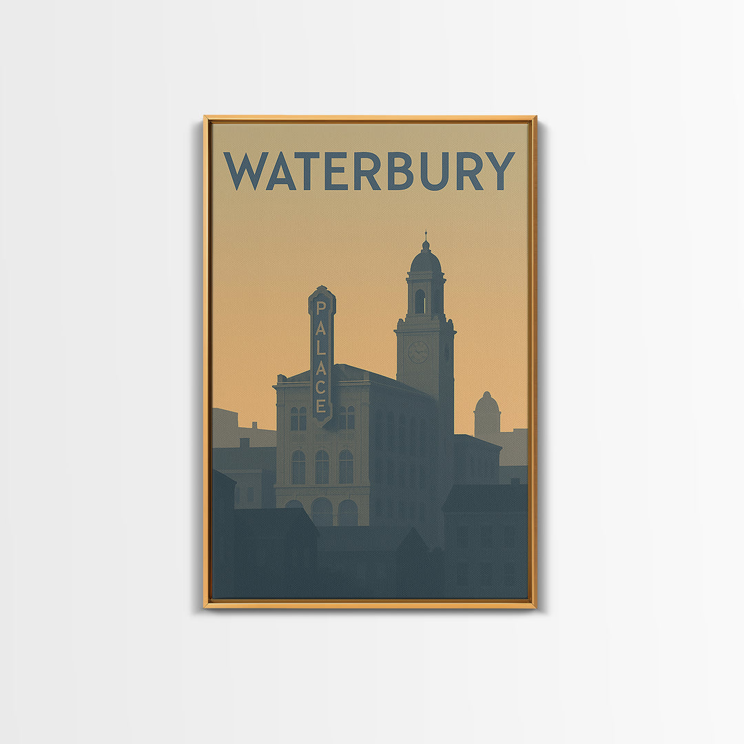 Waterbury Travel Poster, Framed Canvas Print, Minimalist Retro Wall Art, Waterbury Poster Print, Retro Travel Print, Modern Wall Decor