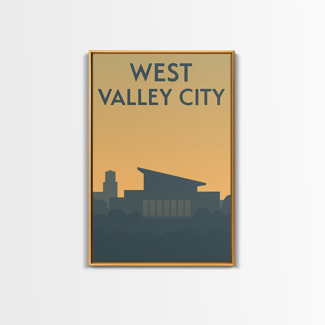 West Valley City Travel Poster, Framed Canvas Print, Minimalist Retro Wall Art, West Valley City City Art, Watercolor Downtown Skyline