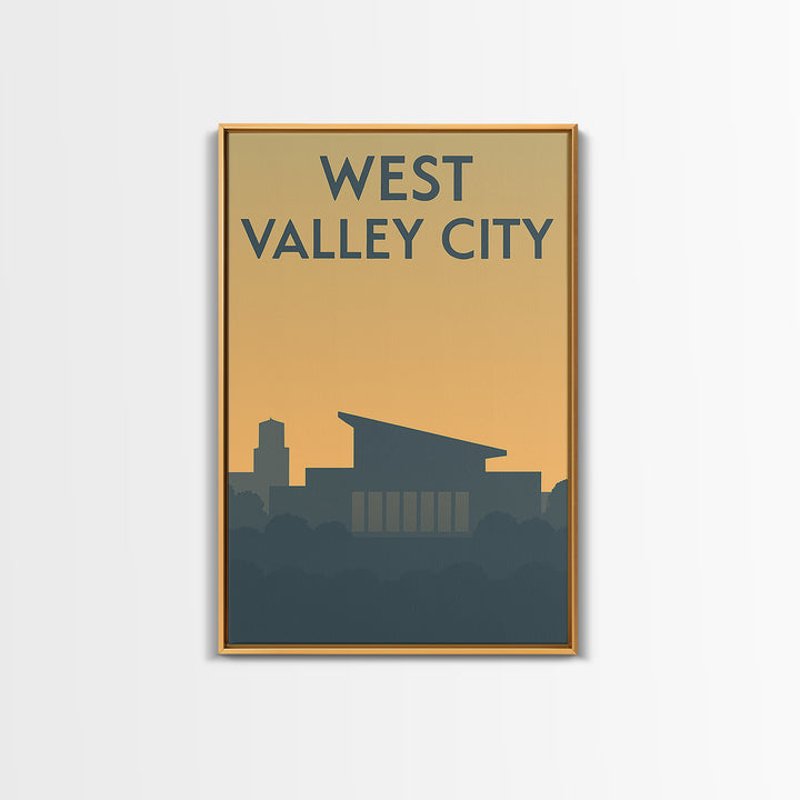 West Valley City Travel Poster, Framed Canvas Print, Minimalist Retro Wall Art, West Valley City City Art, Watercolor Downtown Skyline