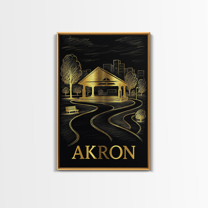 Akron Travel Poster, Framed Canvas Print, Dark Background Poster Art, Akron Art Print, Living Room Wall Art, Vintage City Art, Design 2