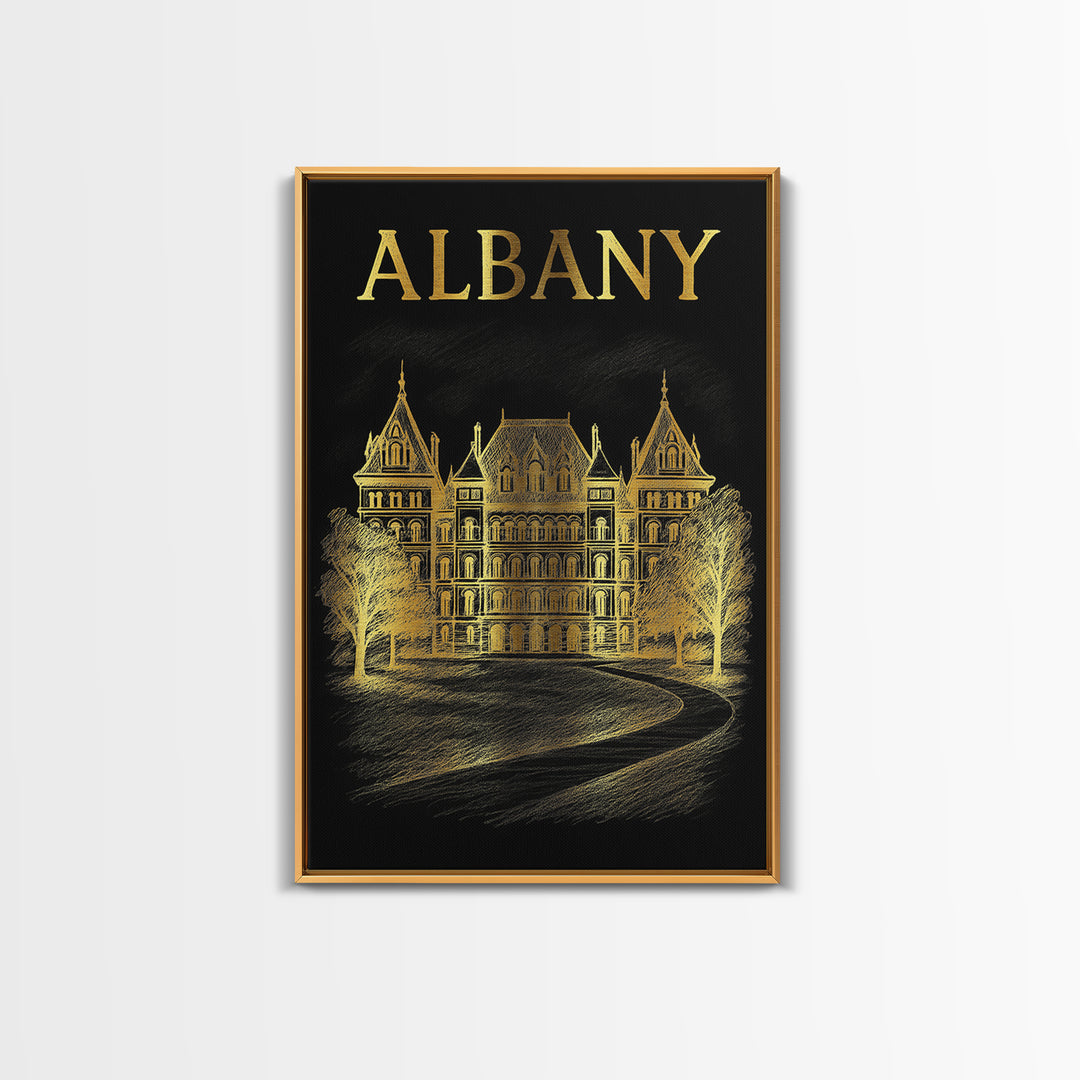 Albany New York Travel Poster, Canvas Print, Elegant Gold City Art, Albany Poster Print, Wanderlust Decor, Retro Travel Print, Travel Art