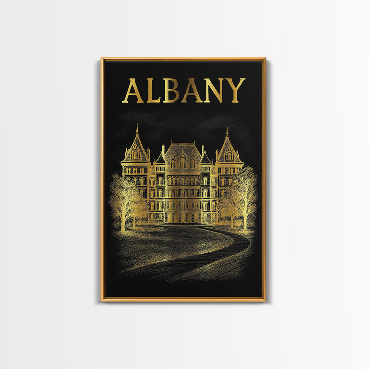 Albany New York Travel Poster, Canvas Print, Elegant Gold City Art, Albany Poster Print, Wanderlust Decor, Retro Travel Print, Travel Art