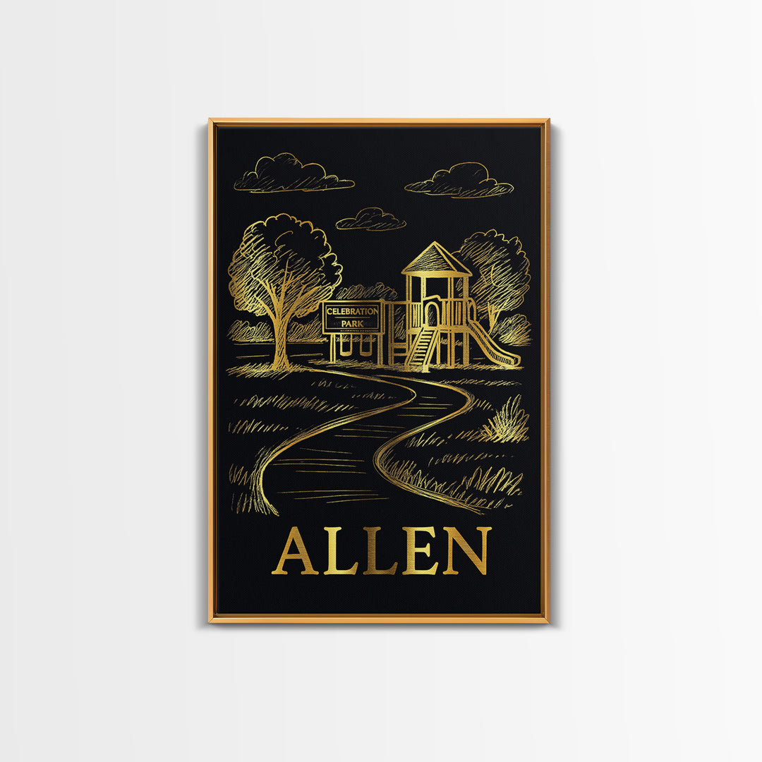 Allen Travel Poster, Canvas Print, Gold Sketch Wall Art, Allen Travel Art, Mid Century Wall Art, Travel Art Print, Watercolor City Skyline