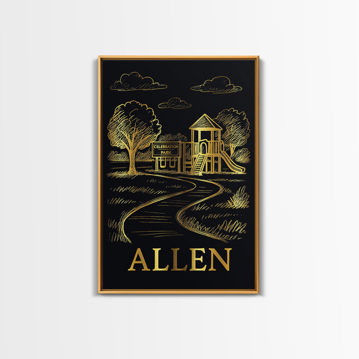 Allen Travel Poster, Canvas Print, Gold Sketch Wall Art, Allen Travel Art, Mid Century Wall Art, Travel Art Print, Watercolor City Skyline