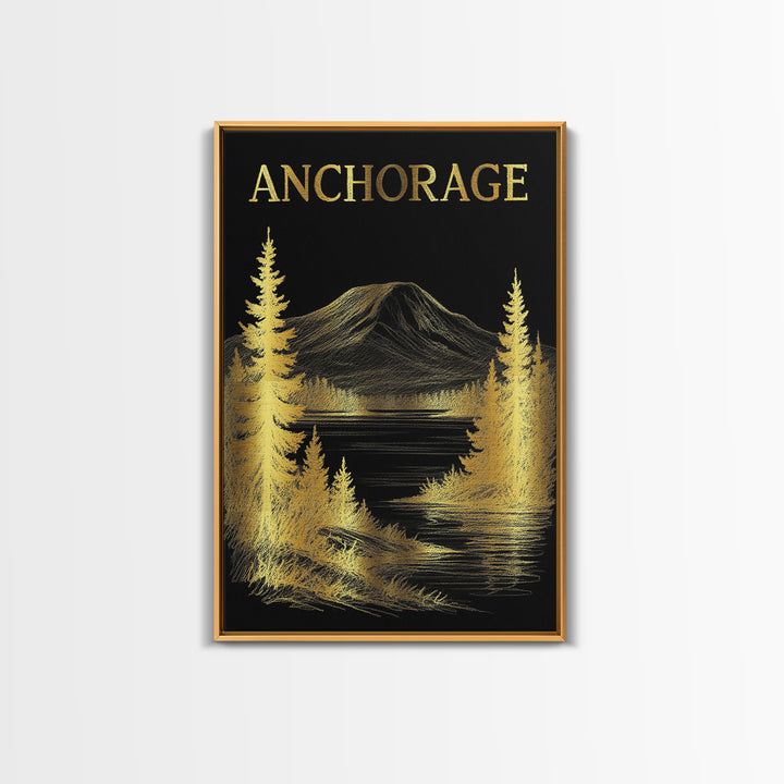 Anchorage Alaska Travel Poster, Canvas Print, Black And Gold Line Art, Anchorage Travel Art, Wall Art, Travel Wall Decor, Design 1