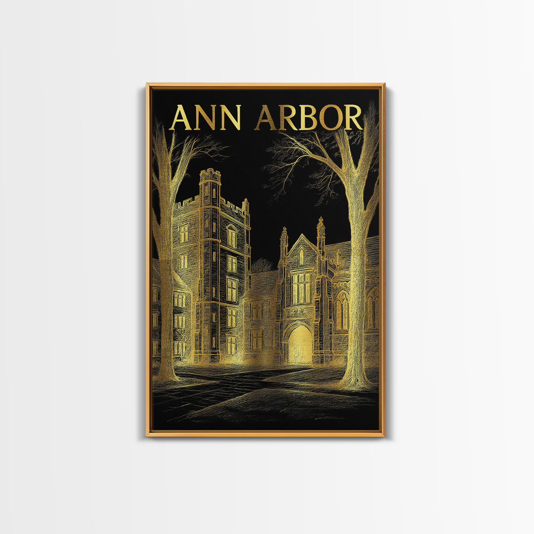 Ann Arbor Michigan Travel Poster, Canvas Print, Black And Gold Line Art, Ann Arbor Wall Art, Travel Art Print, Wall Art, City Art Print