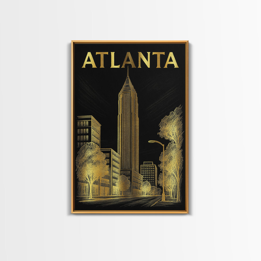 Atlanta Georgia Travel Poster, Framed Canvas Print, Dark Background Poster Art, Atlanta City Art, Vintage City Art, Living Room Wall Art