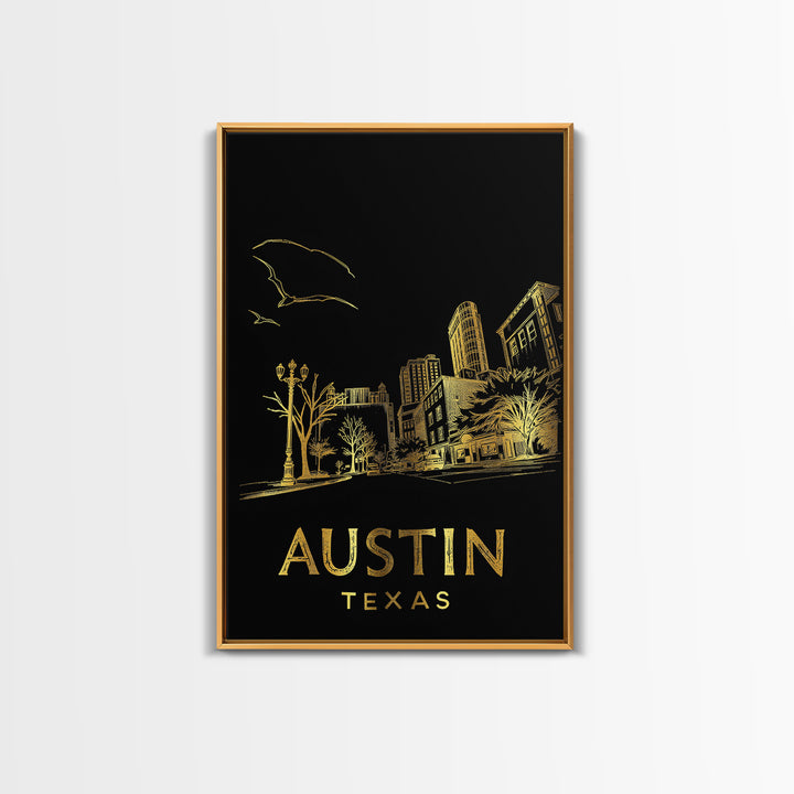Austin Texas Travel Poster, Canvas Print, Elegant Gold City Art, Austin Travel Art, Home Office Decor, Retro Travel Print, Travel Poster Art