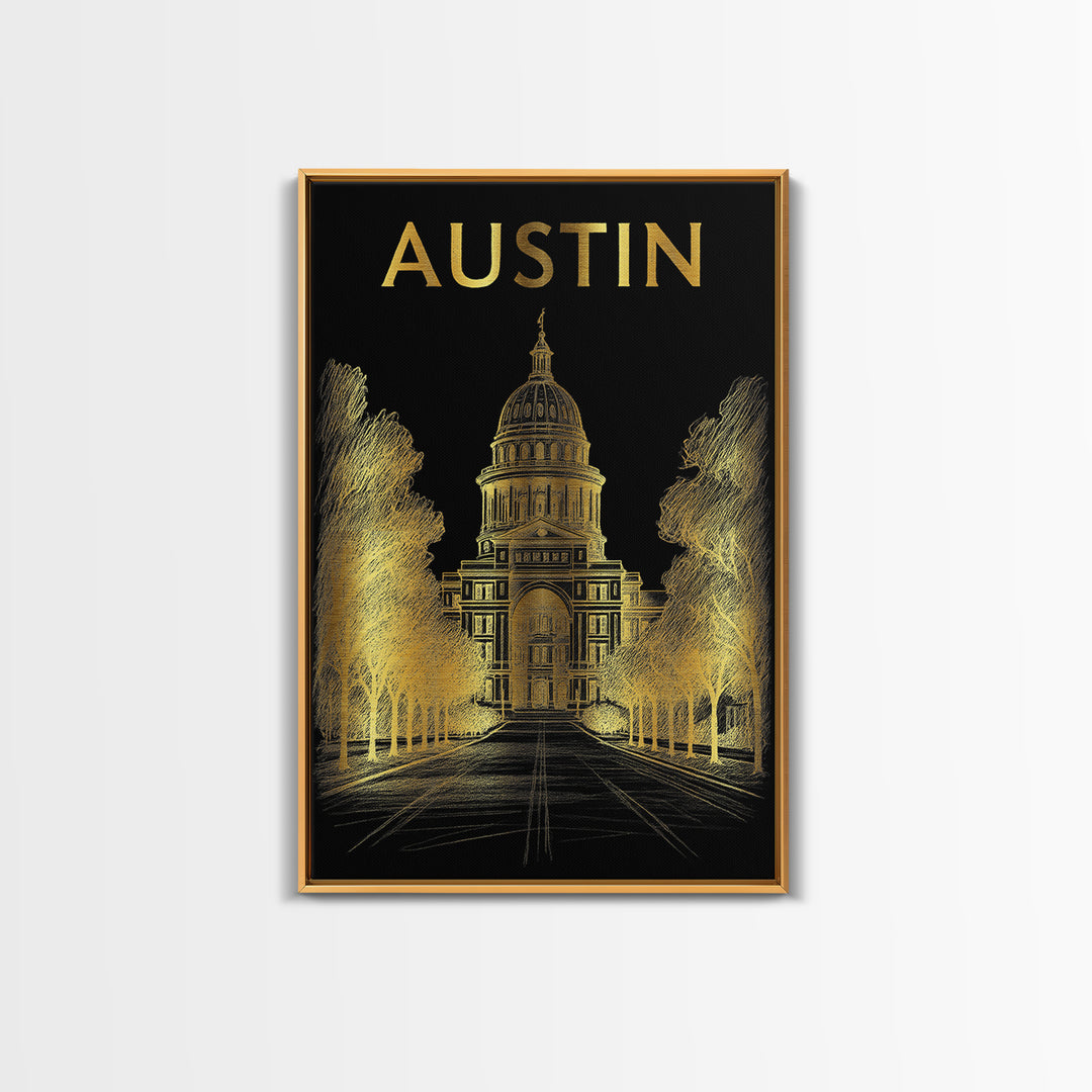 Austin Travel Poster, Framed Canvas Print, Black And Gold Line Art, Austin Poster Print, Gift For Travelers, City Travel Prints