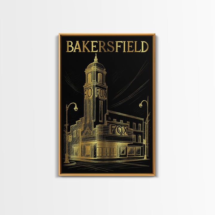 Bakersfield California Travel Poster, Canvas Print, Elegant Gold City Art, Bakersfield Art Print, Watercolor Skyline, Retro Travel Print