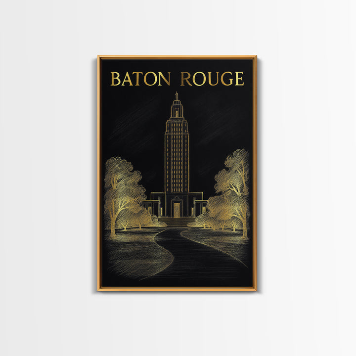 Baton Rouge Louisiana Travel Poster, Canvas Print, Black And Gold Line Art, Baton Rouge Travel Art, Home Office Decor, Eclectic Wall Decor