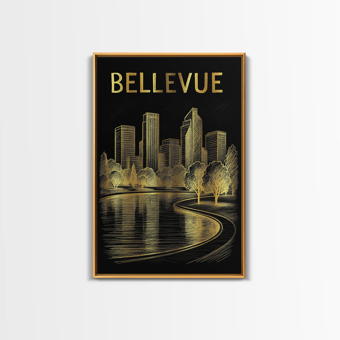 Bellevue Washington Travel Poster, Canvas Print, Black And Gold Line Art, Bellevue City Art, Travel Art Print, Travel Wall Decor, Design 1