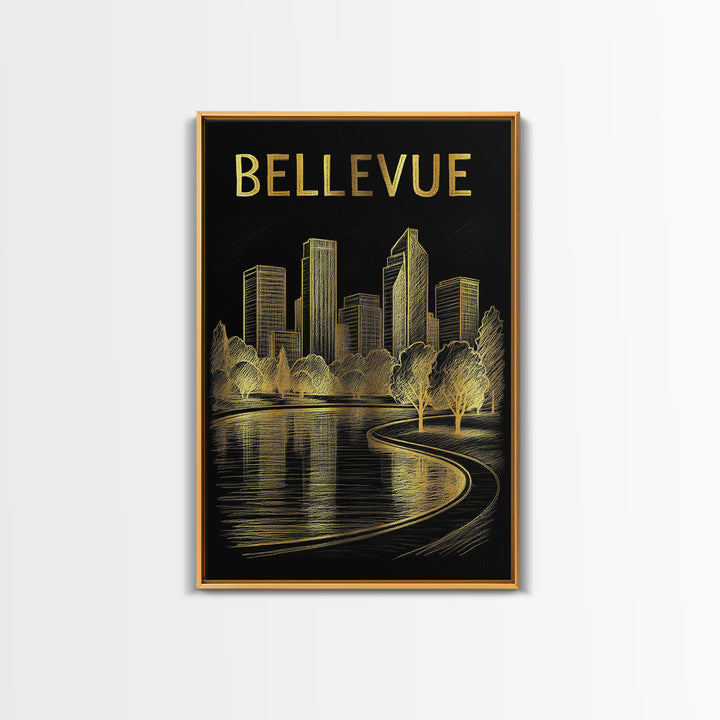 Bellevue Washington Travel Poster, Canvas Print, Black And Gold Line Art, Bellevue City Art, Travel Art Print, Travel Wall Decor, Design 1