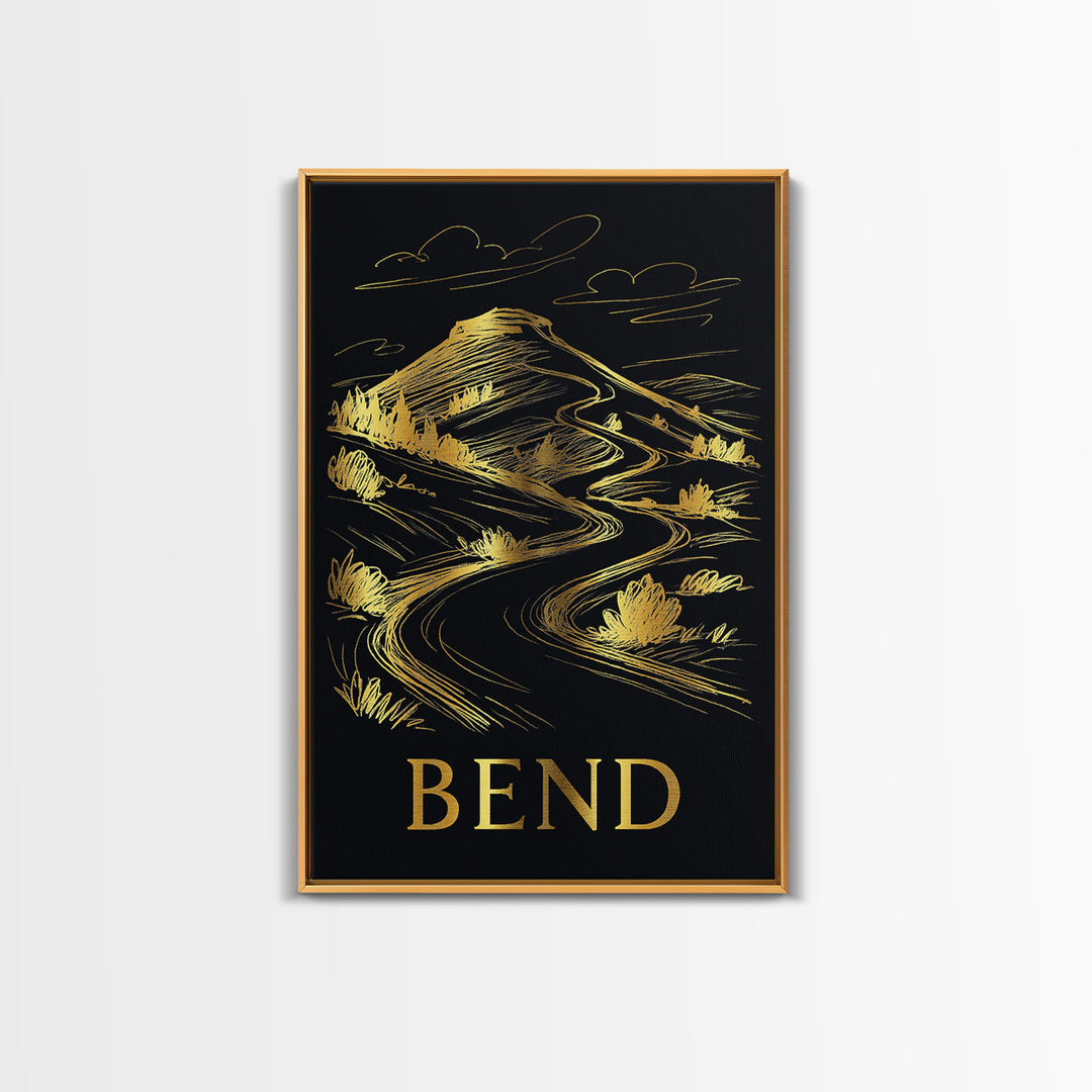 Bend Travel Poster, Framed Canvas Print, Elegant Gold City Art, Bend Wall Art, City Travel Prints, Living Room Wall Art, City Art Print