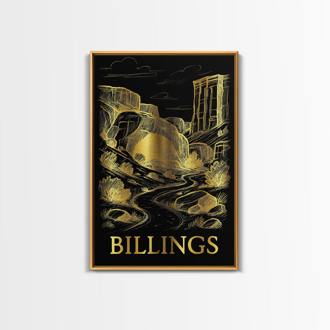 Billings Travel Poster, Framed Canvas Print, Black And Gold Line Art, Billings Travel Art, Retro Travel Print, Travel Poster Set