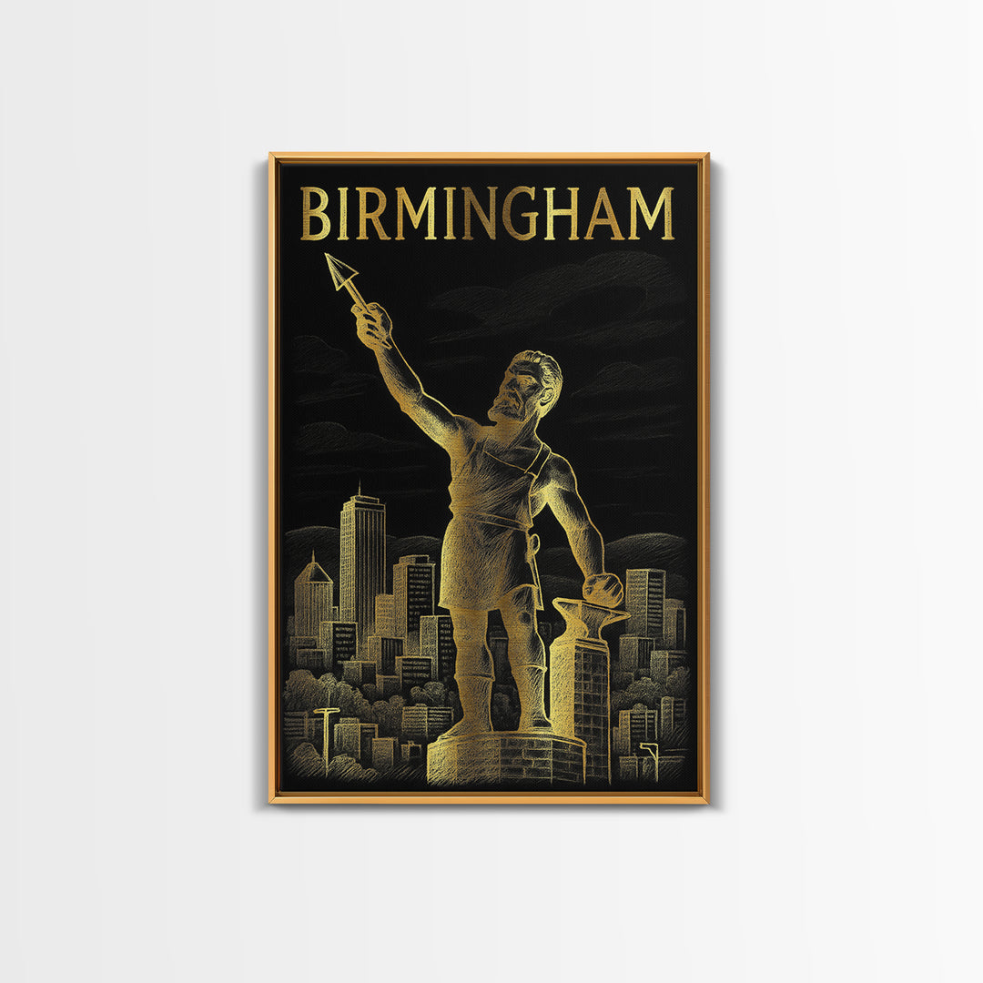 Birmingham Alabama Travel Poster, Framed Canvas Print, Elegant Gold City Art, Birmingham Art Print, Retro Travel Print, Travel Wall Decor