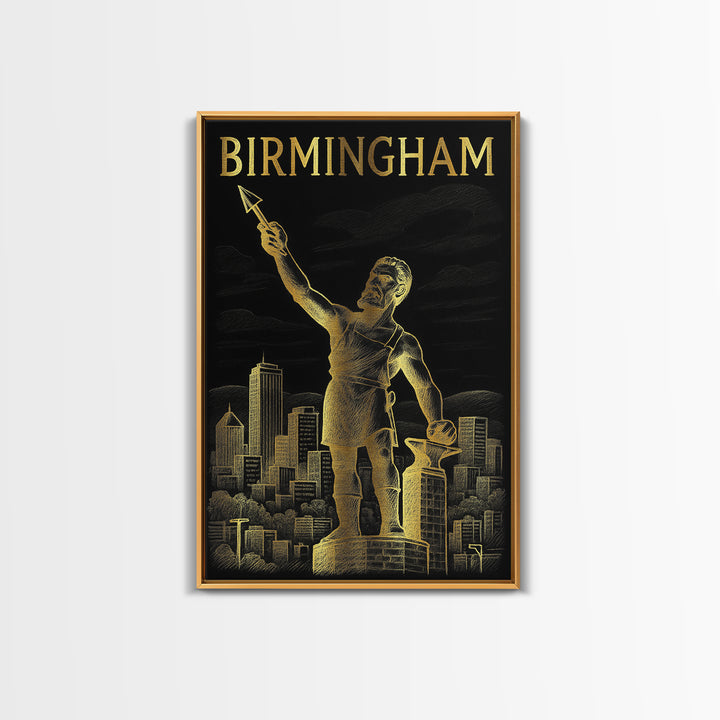 Birmingham Alabama Travel Poster, Framed Canvas Print, Elegant Gold City Art, Birmingham Art Print, Retro Travel Print, Travel Wall Decor