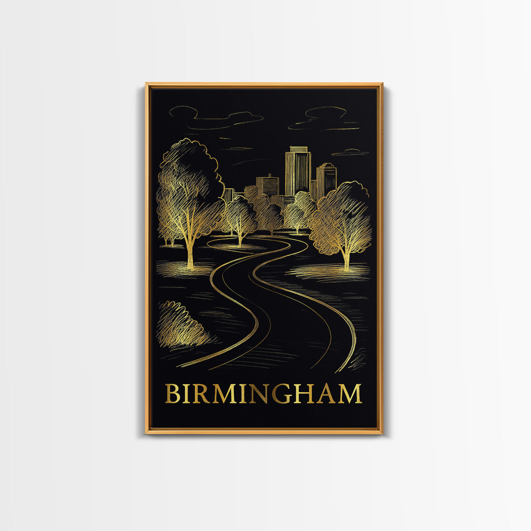 Birmingham Travel Poster, Framed Canvas Print, Elegant Gold City Art, Birmingham Travel Art, Modern Wall Decor, Living Room Wall Art