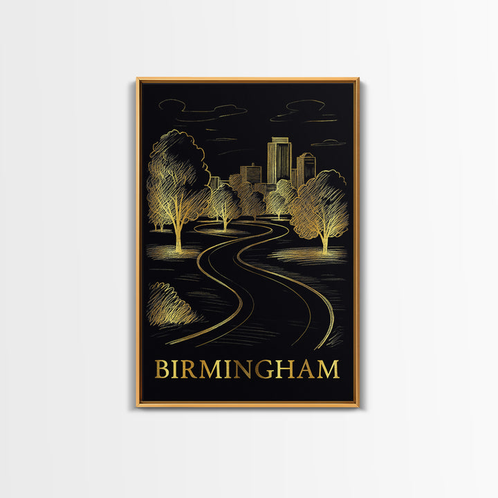 Birmingham Travel Poster, Framed Canvas Print, Elegant Gold City Art, Birmingham Travel Art, Modern Wall Decor, Living Room Wall Art