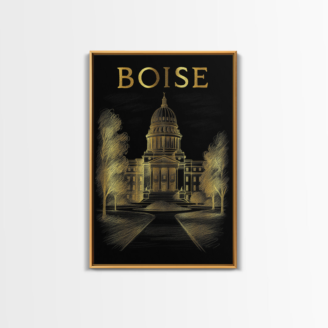 Boise Idaho Travel Poster, Canvas Print, Gold Sketch Wall Art, Boise Wall Art, Travel Poster Set, Vintage Travel Print, City Art Print