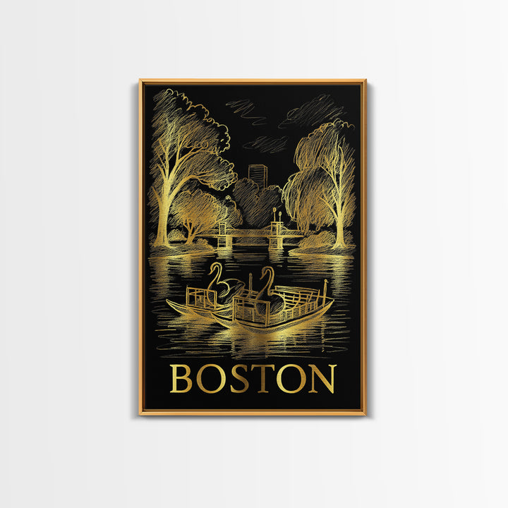 Boston Travel Poster, Canvas Print, Elegant Gold City Art, Boston Wall Art, Travel Poster Art, City Illustration, Travel Wall Decor