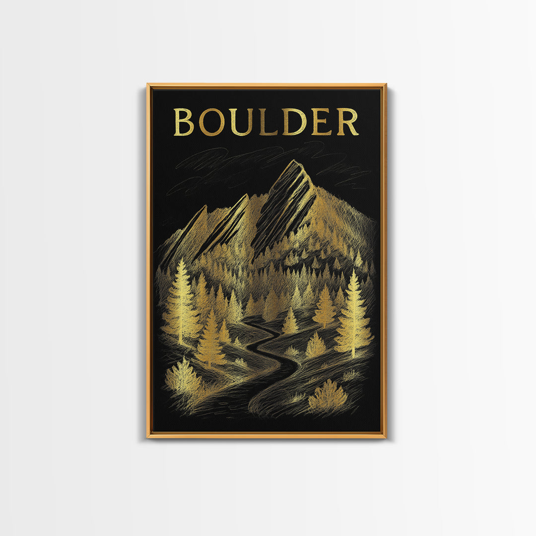 Boulder Colorado Travel Poster, Framed Canvas Print, Black And Gold Line Art, Boulder Travel Art, City Illustration, Mid Century Wall Art